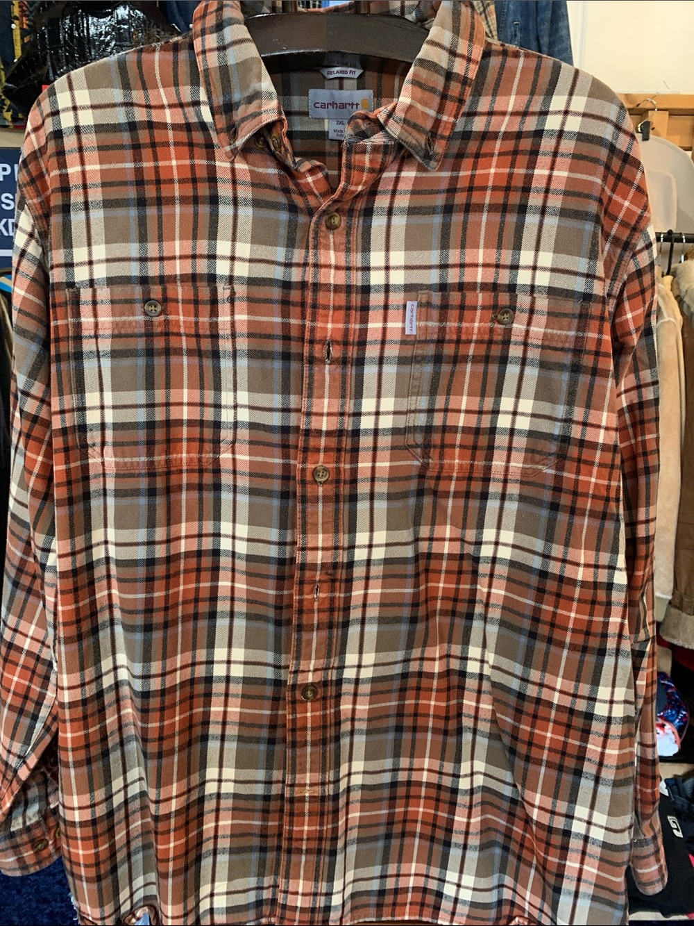 Carhartt Men’s Orange and Brown Plaid Button-Down Shirt